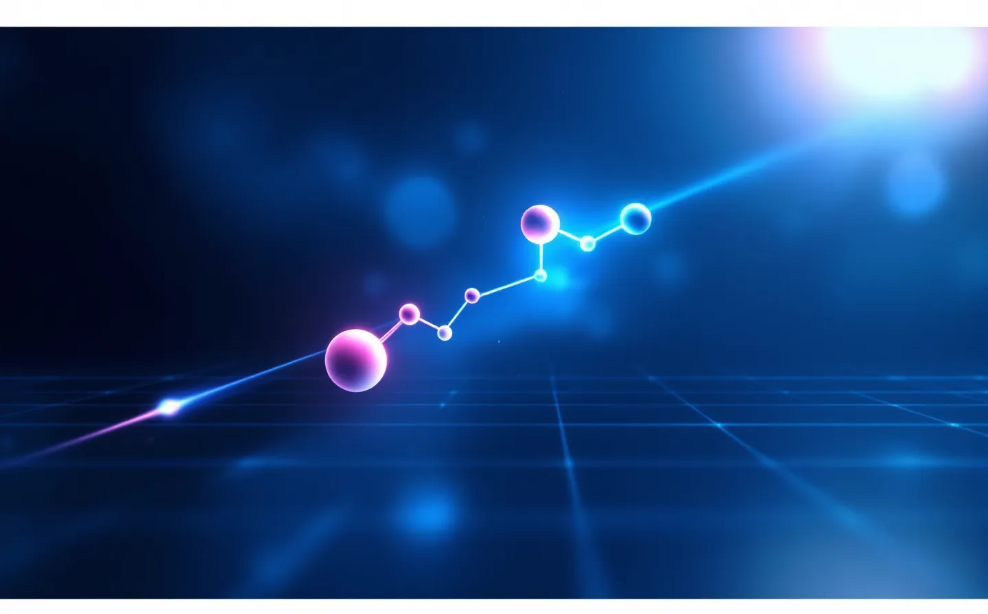 A holographic AR-HUD projection of an abstract fifteen-node peptide chain floating at the near plane in cyan with violet and receding-magenta accent beads over a faint spatial grid, on a deep cosmic blue-black ground
